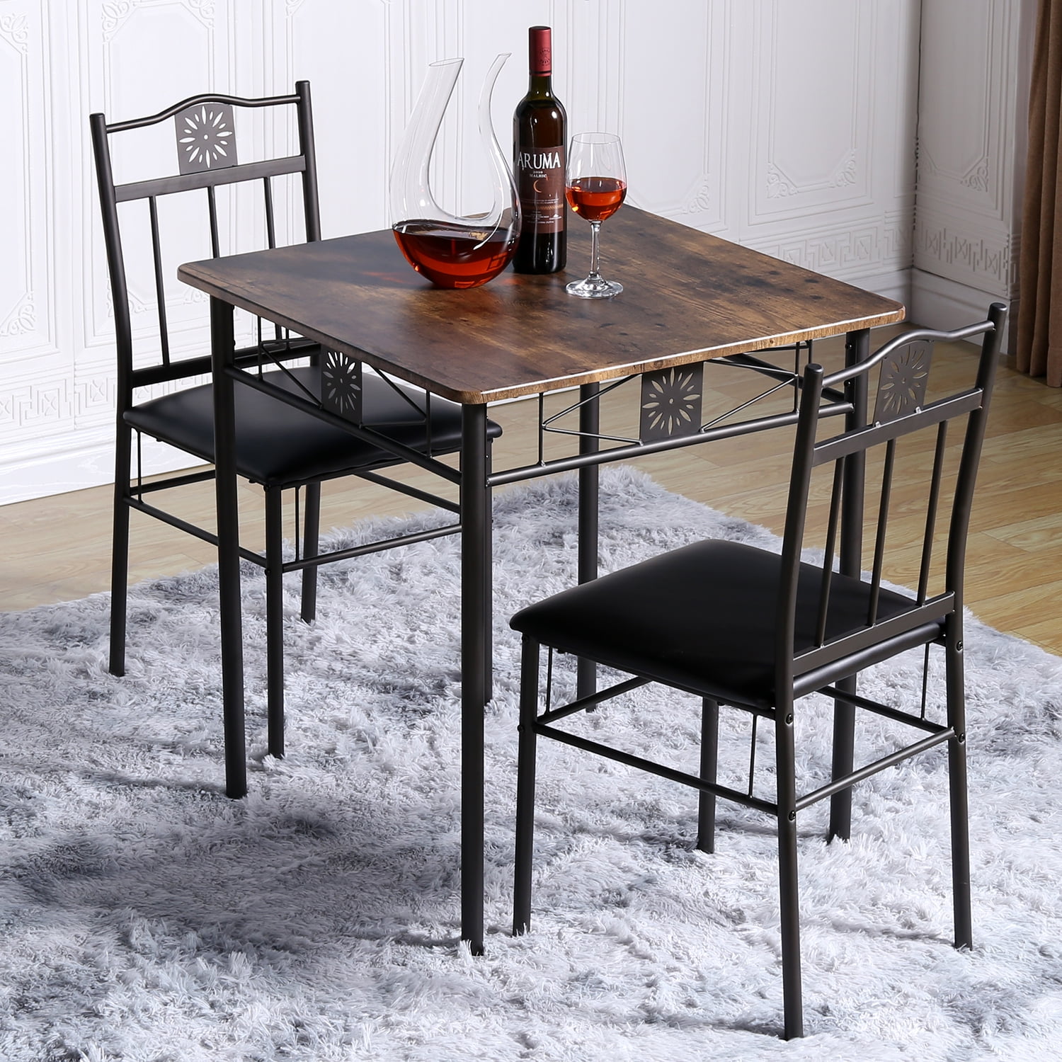 VECELO 3-Piece Wood & Metal Dining Table Set Dining Room Kitchen Square