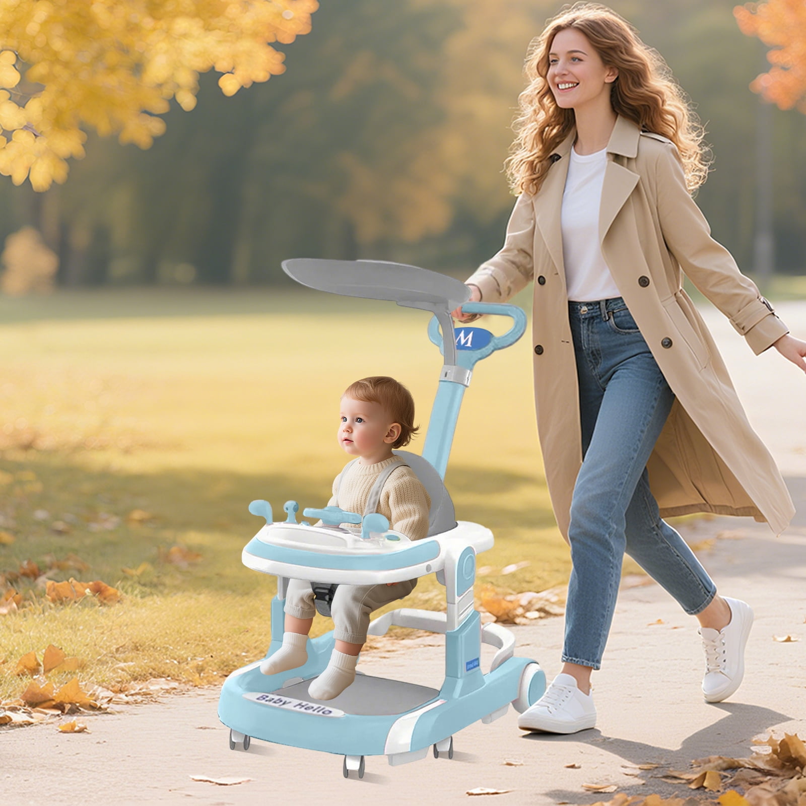 JieC 5-in-1 Foldable Baby Walker for 3 - 24 Months Baby Boys & Girls, with Toys Tray & Foot Pads/Handles，Blue