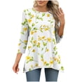 thumbnail image 2 of CYMMPU Summer Fashion Shirts Crew Neck Blouses for Women Dressy Casual Tunic Tops Spring Tops 3/4 Sleeve Loose Fit Flower Printed Flare Hem Hide Belly Tops to Wear with Leggings T-Shirts Yellow M, 2 of 7