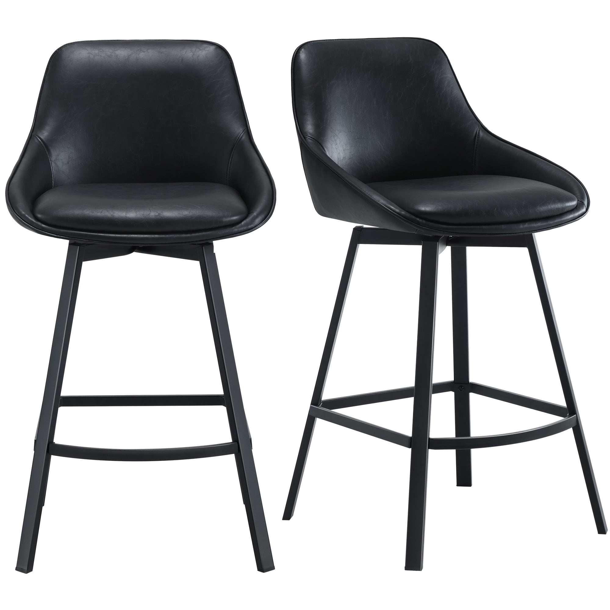 Zesthouse 25.6" Swivel Counter Height Bar Stools Set of 2, Modern Counter Height Chairs with Backs and Metal Legs, Upholstered Faux Leather Barstools for Kitchen Island, Black