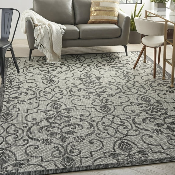 Nourison Garden Party Indoor/Outdoor Transitional Damask Ivory/Charcoal 7' x 10' Area Rug, (7' x 10')