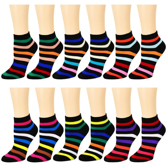 12 Pairs Striped Assorted Colors Women's Ankle Socks Size 9-11