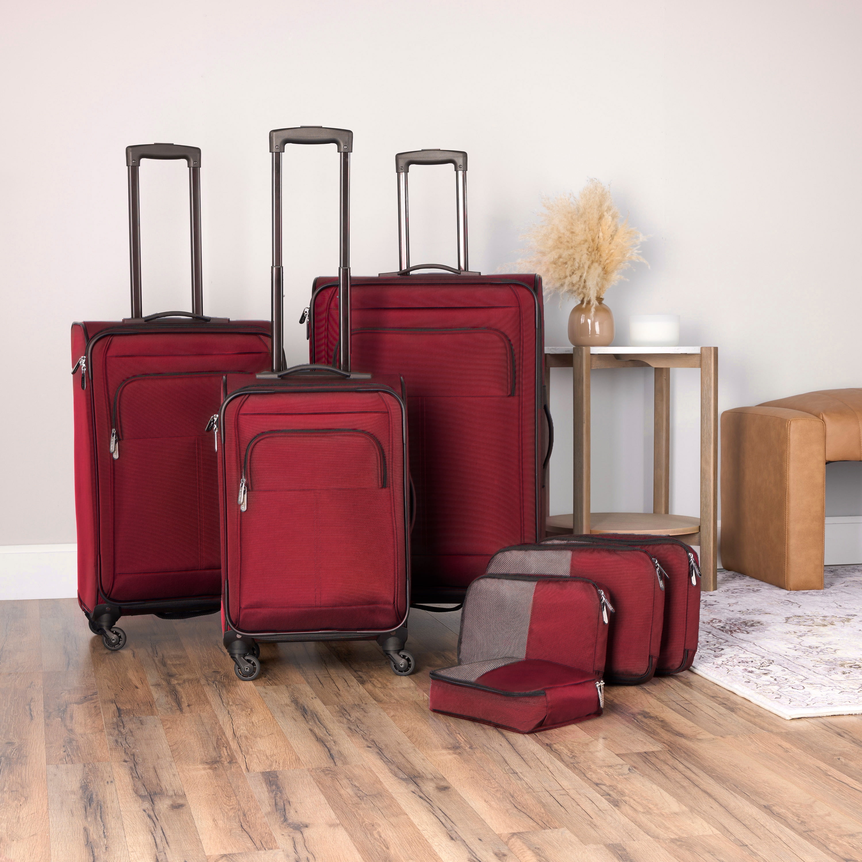 Protege 7-Piece Softside Luggage Set with Spinner Wheels and Divider Pockets, Includes Checked Bags and Carry-On, Merlot Red