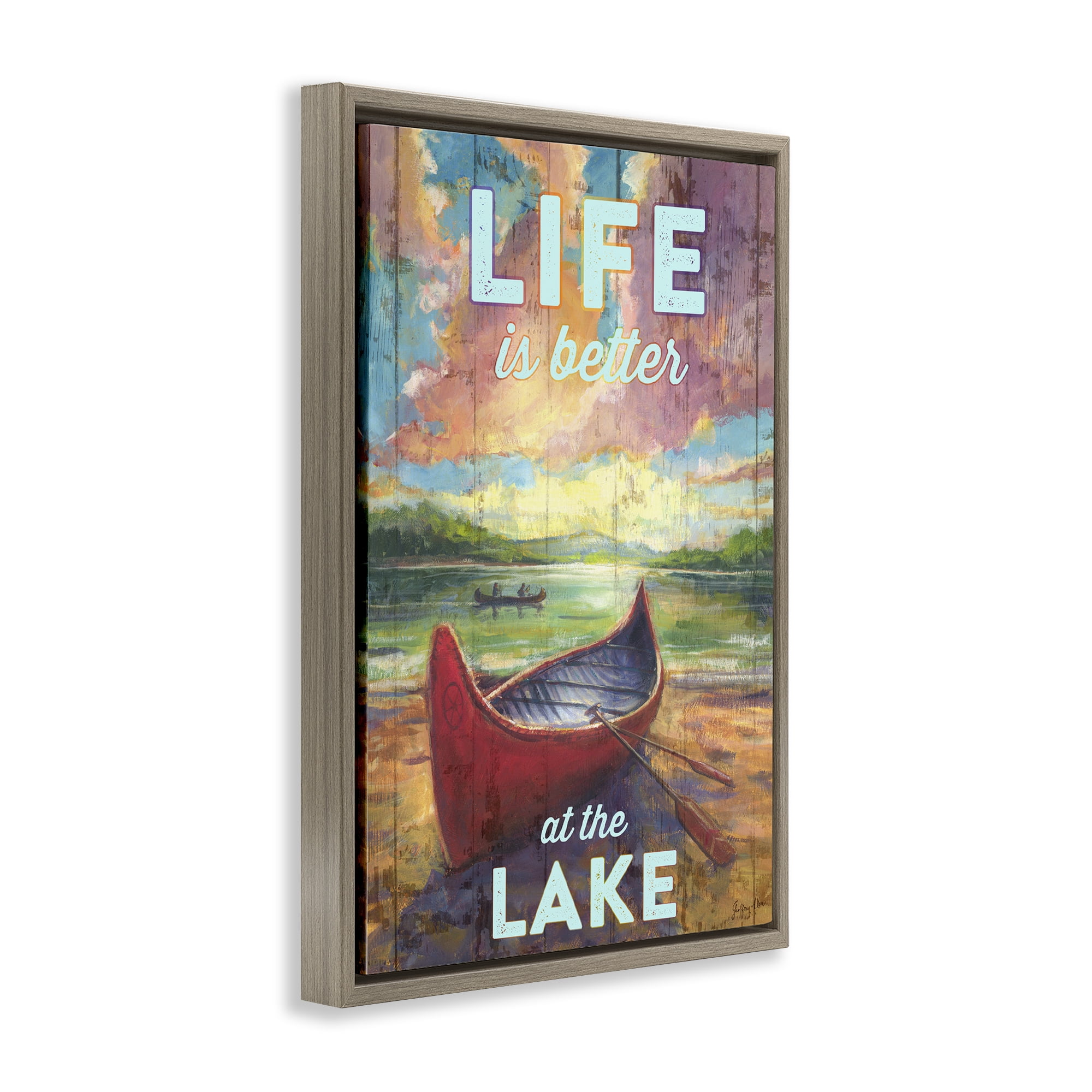 Stupell Industries Life At Lake with Canoe Transportation Painting Brown Floater Framed Canvas Art Print Wall Art, 21 x 31