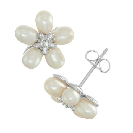 Sterling Silver Freshwater Cultured Pearl and Diamond Accent Flower Stud Earrings