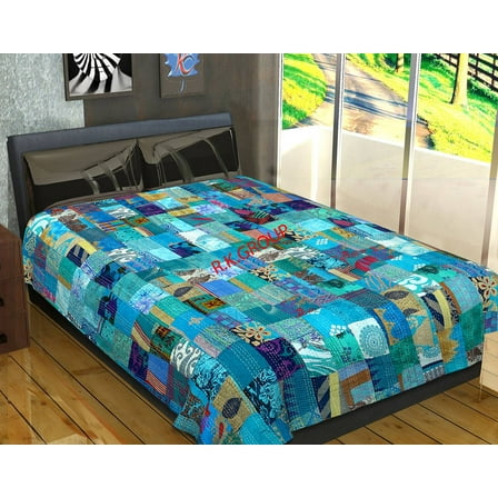 Indian Silk Twin Terquoise Patola Sari Patchwork Kantha Bedspread Bed Cover BohemianThrows Quilted Reversible Blanket