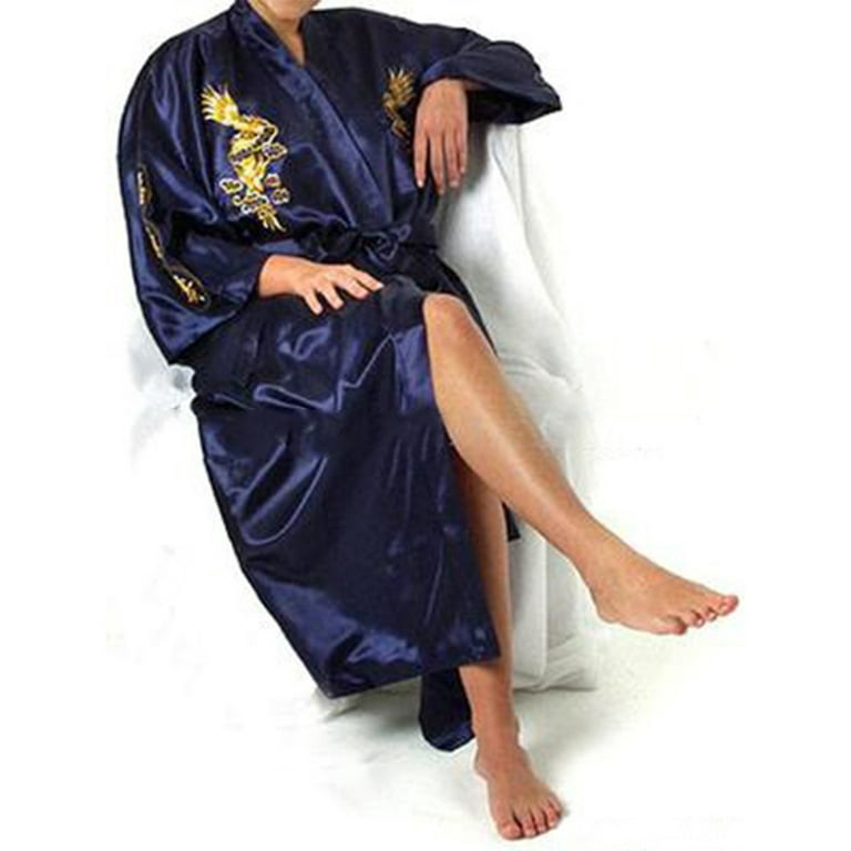 Men Summer Robe Chinese Silk Satin Sleep Robes Dragon Embroidery Sleepwear
