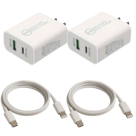 Fast Charging 20W Wall Charger Set, 2 Power Adapters with USB-C and USB-A, Includes 2 USB-C to Lightning Cables
