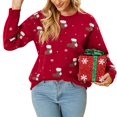 thumbnail image 1 of Suéter navideño para mujer Calcetines navideños de dibujos animados Patrón de copo de nieve Jersey con cuello redondo Suéter suelto de punto de manga larga Top Rojo L, 1 of 8