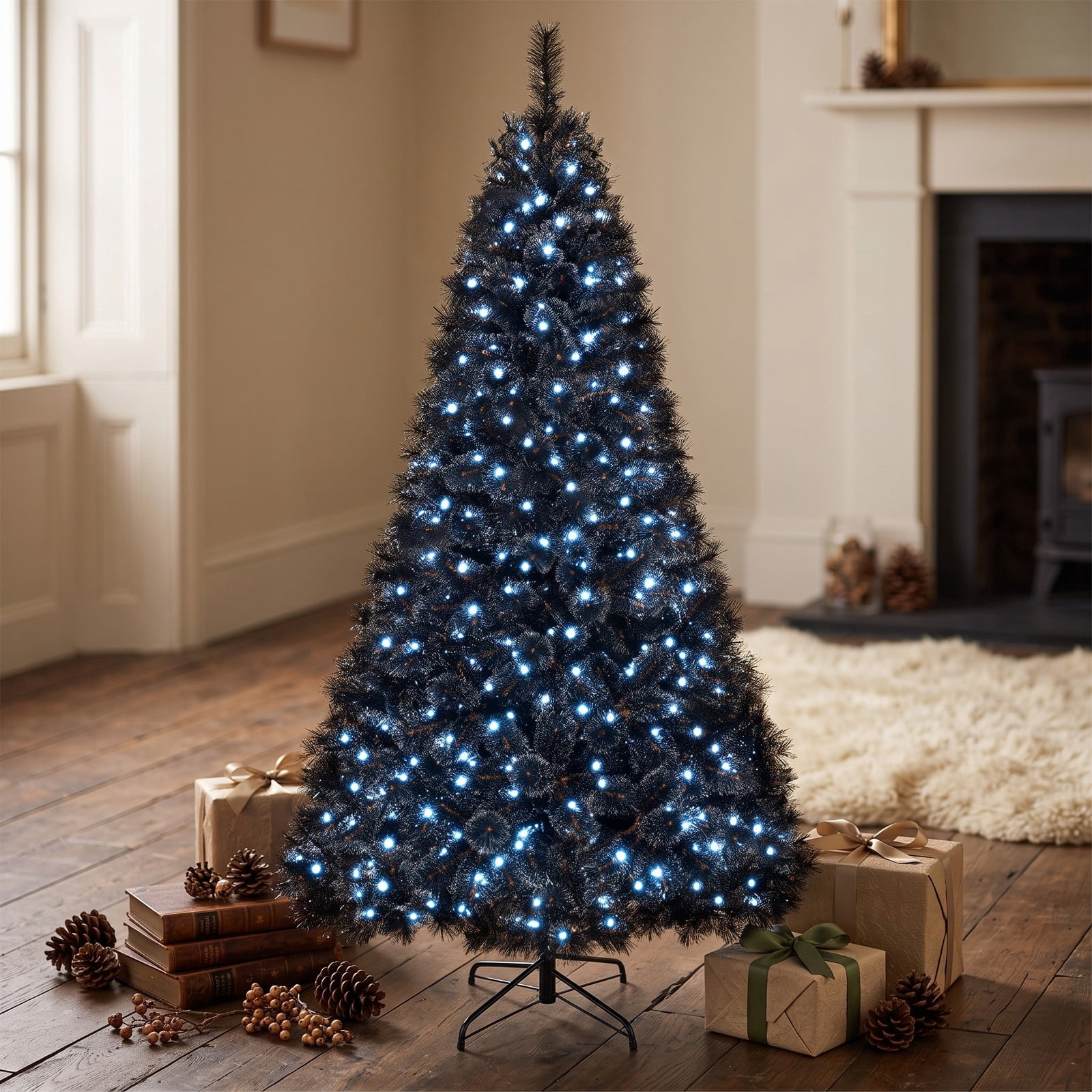 RUIE 6/7/8 FT Pre-Lit Black Artificial Christmas Halloween Tree with 210/320/450 Cool White LED Lights, PVC Hinged Branches, 3-Section Metal Base, Black