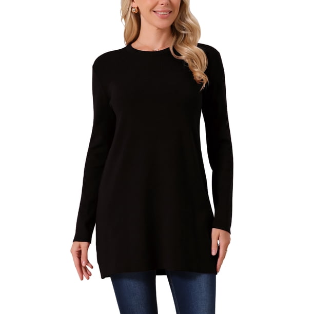 INSPIRE CHIC Suéter Vestido de Mujer para Otoño Invierno, de Cuello Redondo, de Manga Larga, Oversized, Túnica, Suelto, Corte en A, Pulóver, Talla XL, Negro