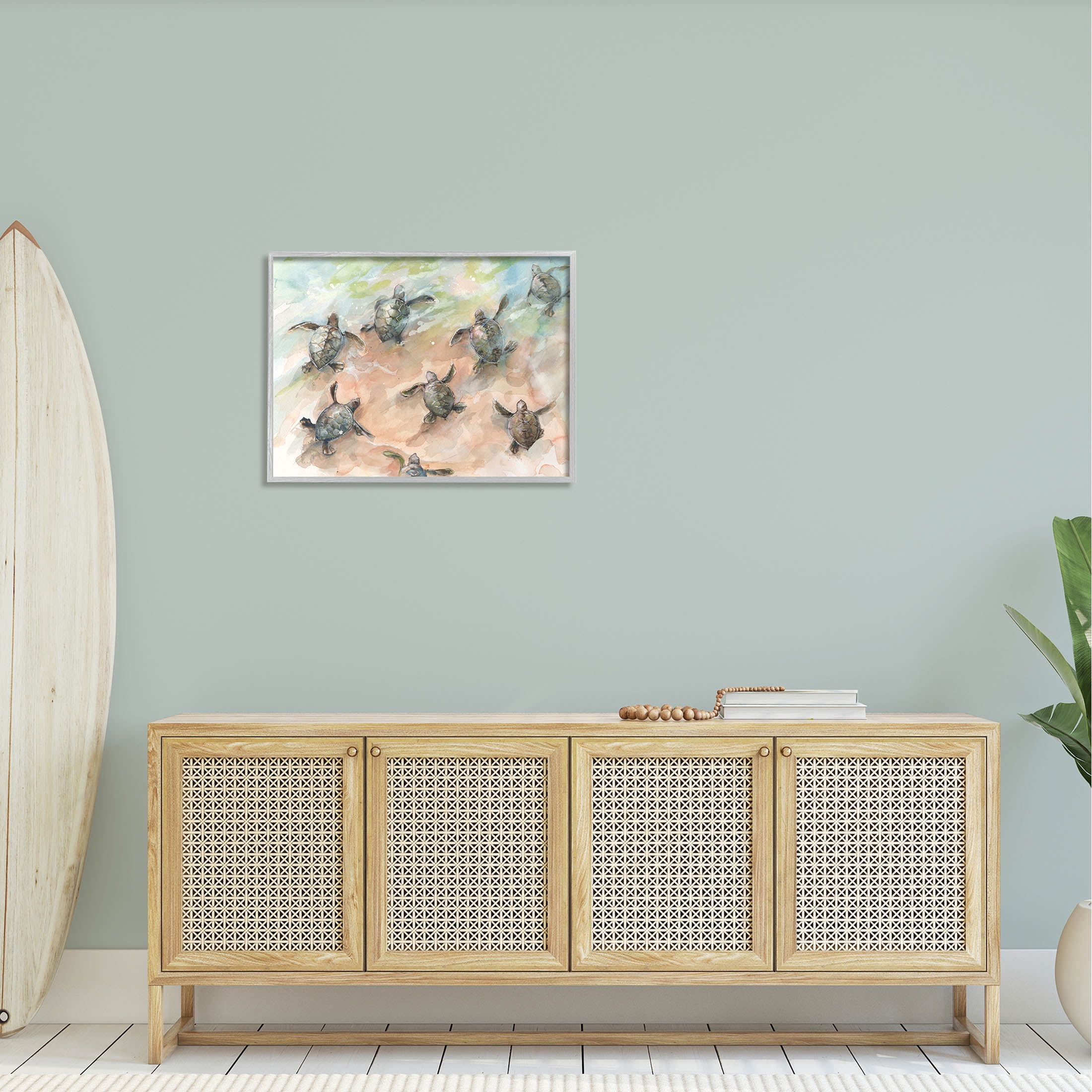 Baby Sea Turtles Swimming Shore Animals & Insects Painting Gray Framed Art Print Wall Art