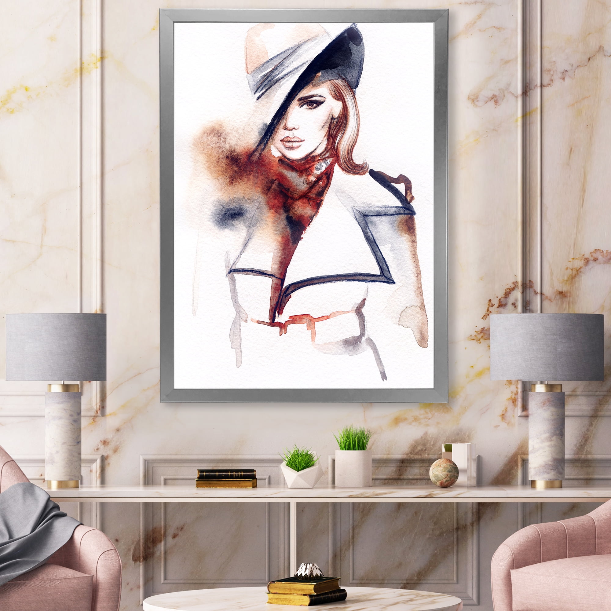Fashion Portrait of Woman Wearing Hat 30 in x 40 in Framed Painting Canvas Art Print, by Designart