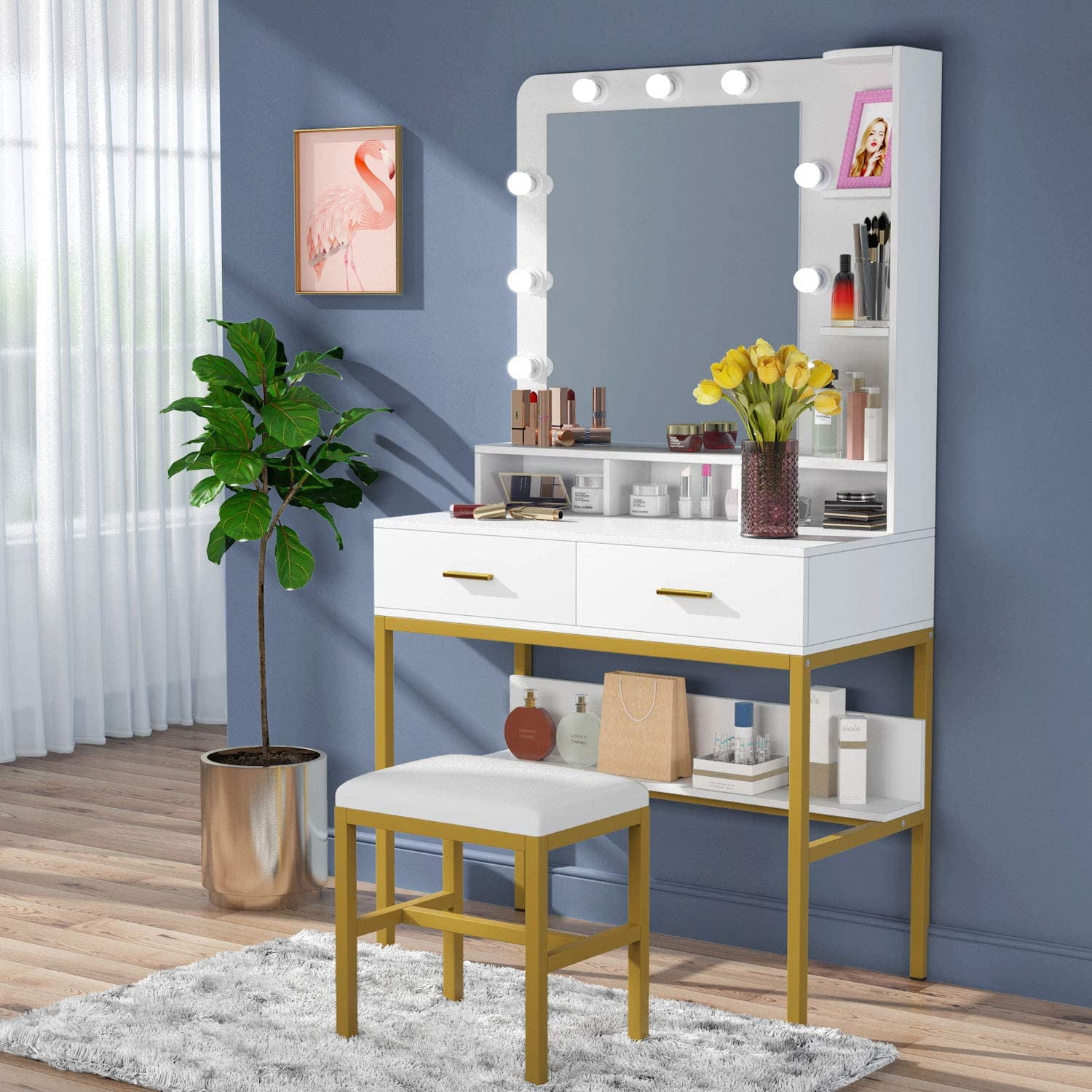 Vanity Makeup Lighted Mirror Dressing Table Stool Set Dresser Desk with 2Drawers 