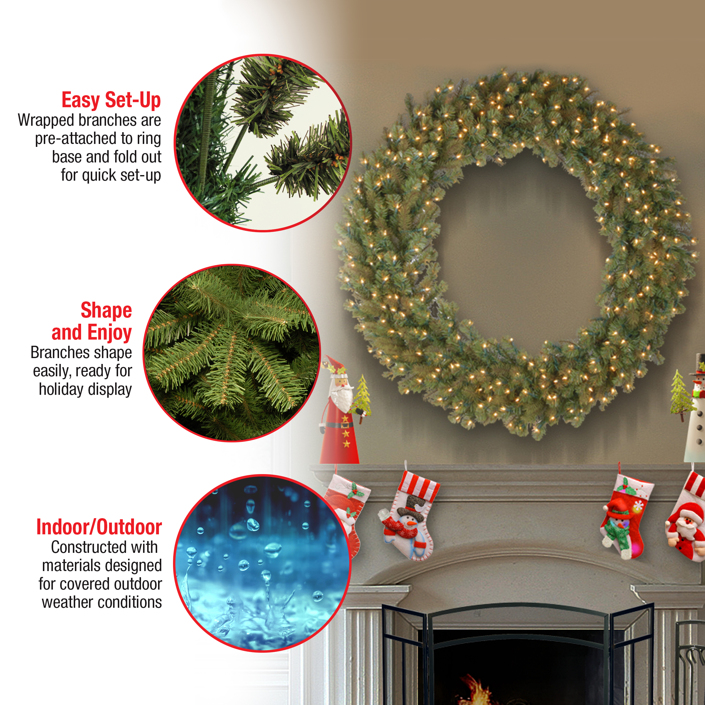 National Tree Company Pre-Lit Artificial 'Feel Real' Christmas Wreath, Green, Norwood Fir, White Lights, Christmas Collection, 42 Inches