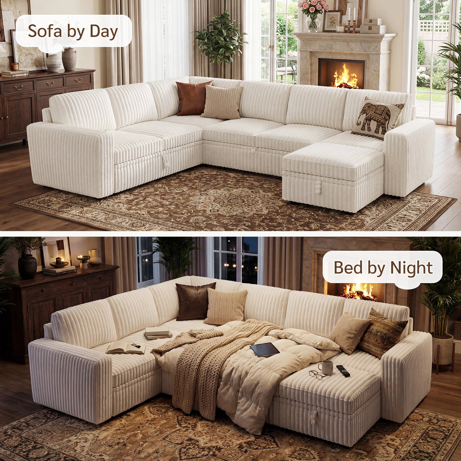 Marrber 106” Oversized Modern Plush Corduroy U-Shaped Modular 7-Seater Pull-Out Sectional Sleeper Sofa Bed with Hidden Storage for Living Room and Apartment, Easy Assembly, White