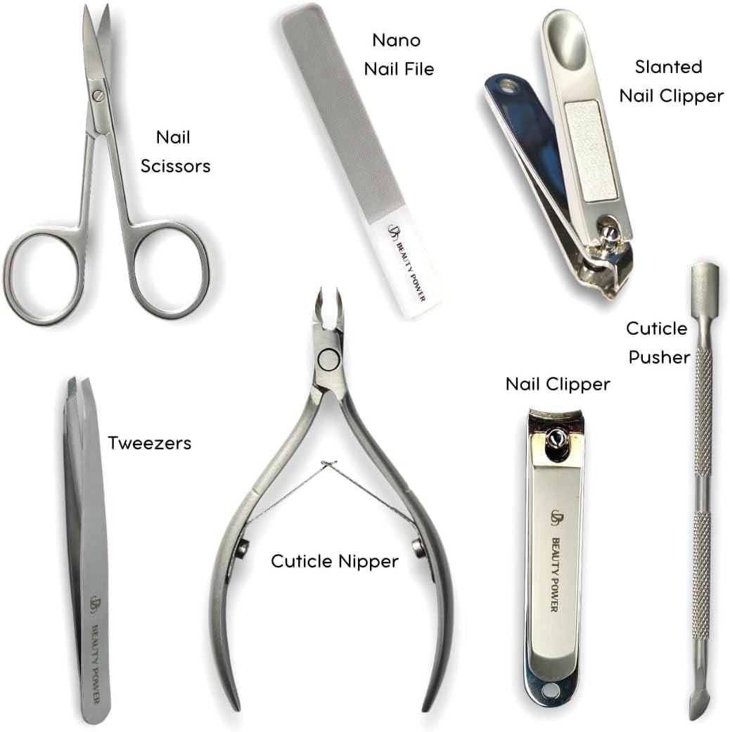 Beauty Power Manicure Pedicure Set 7-in-1 Stainless Steel, Ultra Sharp, Slanted Nail Clipper, Fingernail Clipper, Cuticle Nipper, Glass Nail File, Eyebrow Tweezers, Scissors, Case - Gift - Pink