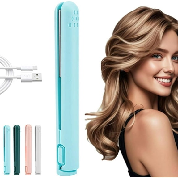 Mini Dual-Purpose Curling Iron,  Curling Iron, 2-in-1 Mini Curling Wand & Flat Iron Hair Straightener Wireless for Travel Home (Blue)