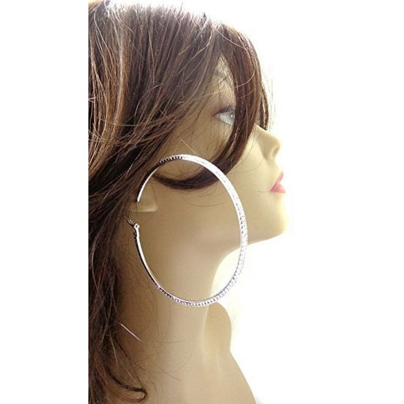 Large Crystal Hoop Earrings Silver Tone 3 inch Hoops