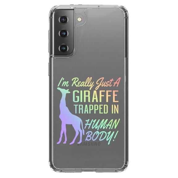 DistinctInk Clear Shockproof Hybrid Case for Galaxy S21 5G (6.2" Screen) - TPU Bumper Acrylic Back Tempered Glass Screen Protector - Just a Giraffe Trapped in a Human Body