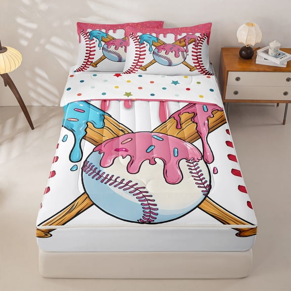 Homewish Baseball Sport Zipper Twin Comforter Sets with Fitted Sheet and 2 Pillowcases For Kids Boys Girls,Ice Cream Drip Zipper Bedding Set,Pink,Colorful Polka Dots Reversible,4 Pieces