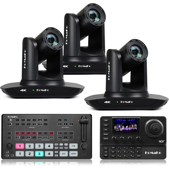 FoMaKo 4K PTZ Camera HDMI, AI Auto-Tracking, 20X Optical Zoom(3pcs),KC606N PTZ Controller,M1 Video Mixer Switcher, for Church Worship Education Conference Events(K20UHX3 KC606N M1)