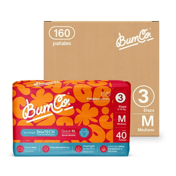Bum Co.| Pañal desechable para bebé, Etapa 3, Mediano (6 a 10 kg), Unisex, Caja con 160 pz | Overnight Protection, Cloud Feel, Hipoalergénicos, Dri-Tech