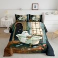 thumbnail image 2 of Feelyou Cute Ghost Bathtub Full Size Comforter Sets, Cartoon Gothic Halloween Bedding Comforter Set, Brown, Black Reversible, 3pcs, 1 Comforter and 2 Pillowcases, 2 of 7