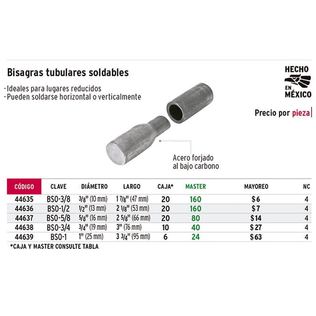 Bisagra tubular, soldable, 3/8' Hermex Bisagra tubular, soldable, 3/8'