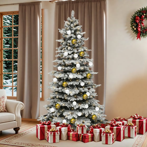 Uforic 7.5 ft Pre-lit Flocked Spruce Artificial Christmas Tree with 1278 Branch Tips & 550 Lights, Remote Control, White Flocked