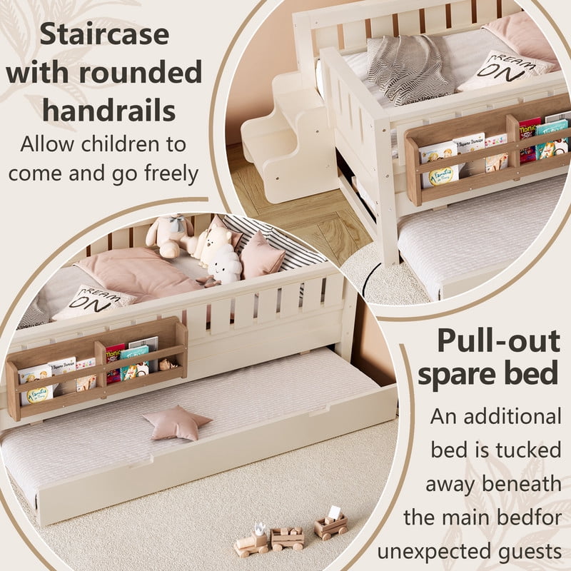 Twin Size Low-Profile Kid's Platform Bed with Built-in Bookshelves & Small Staircase, Wooden Bed Frame with Safety Rails & Trundle