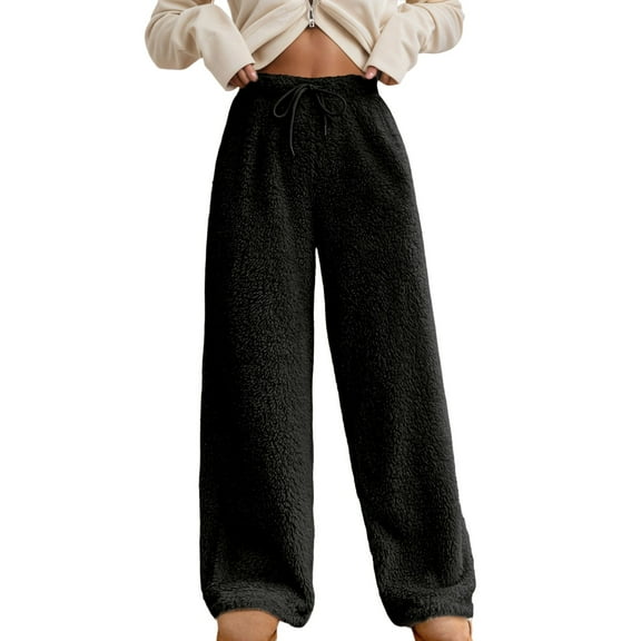 Hifoo Women Winter Fuzzy Pants Elastic Waist Straight Leg Long Pants Casual Sweatpants Trousers Solid Color Joggers Daily Slacks Cozy