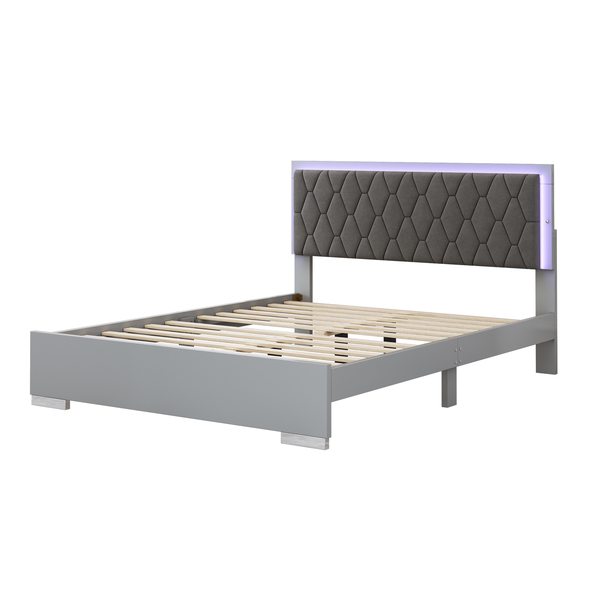 PORKISS Queen Size Bed Frame, Modern Upholstered Bed with LED Light, Wood Platform Bed with with Velvet Headboard, Grey
