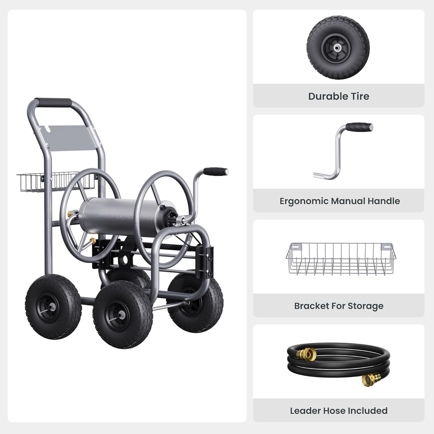 Giraffe Tools Heavy Duty Industrial Garden Hose Reel Cart with Wheels, 5/8in-250ft Hose Capacity