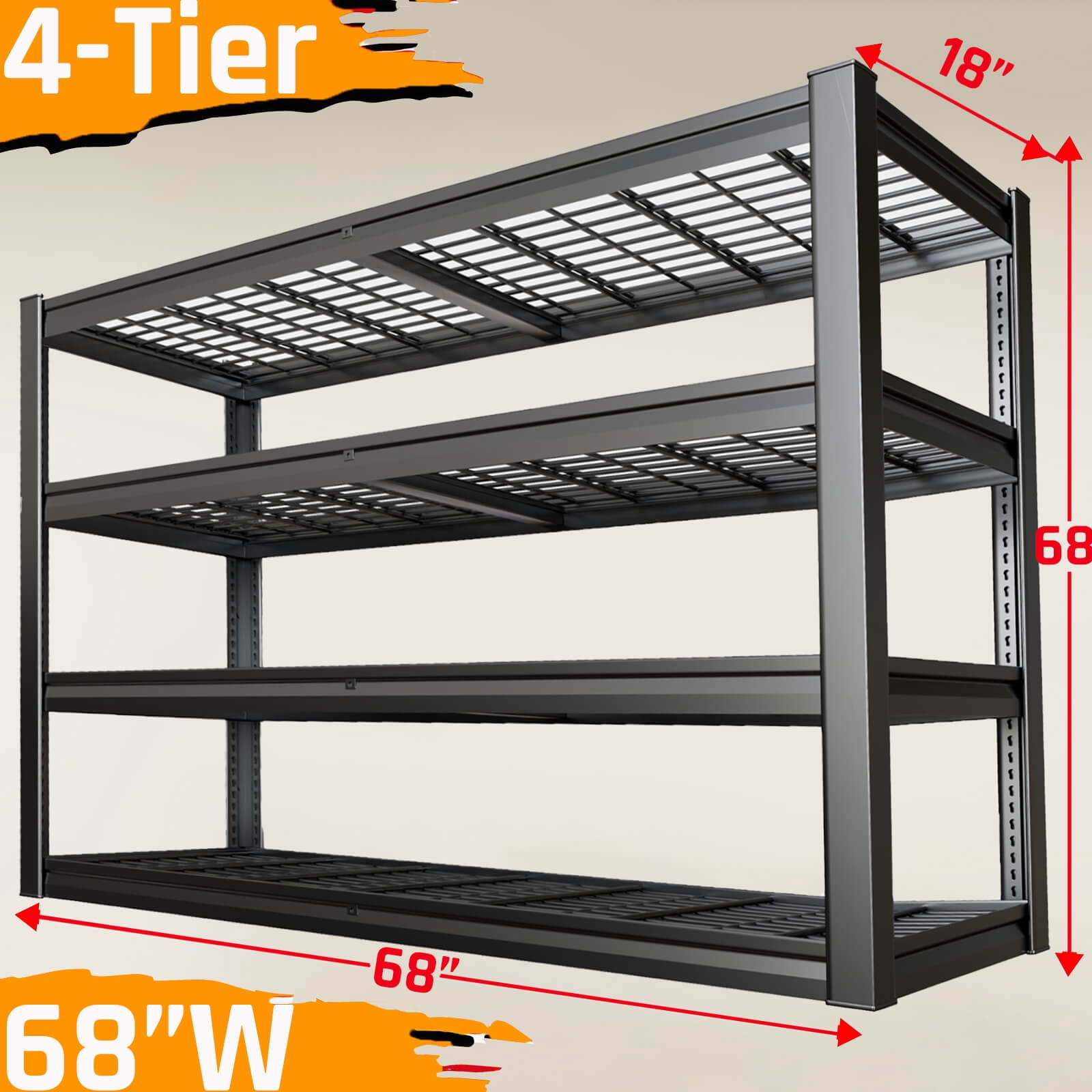 SKZNSA 4 Tier Storage Shelves, 68" W Garage Shelving Heavy Duty Metal Adjustable Garage Shelves, Shelving Units Industrial Shelving for Warehouse, 68" W x 18" D x 68" H,Black