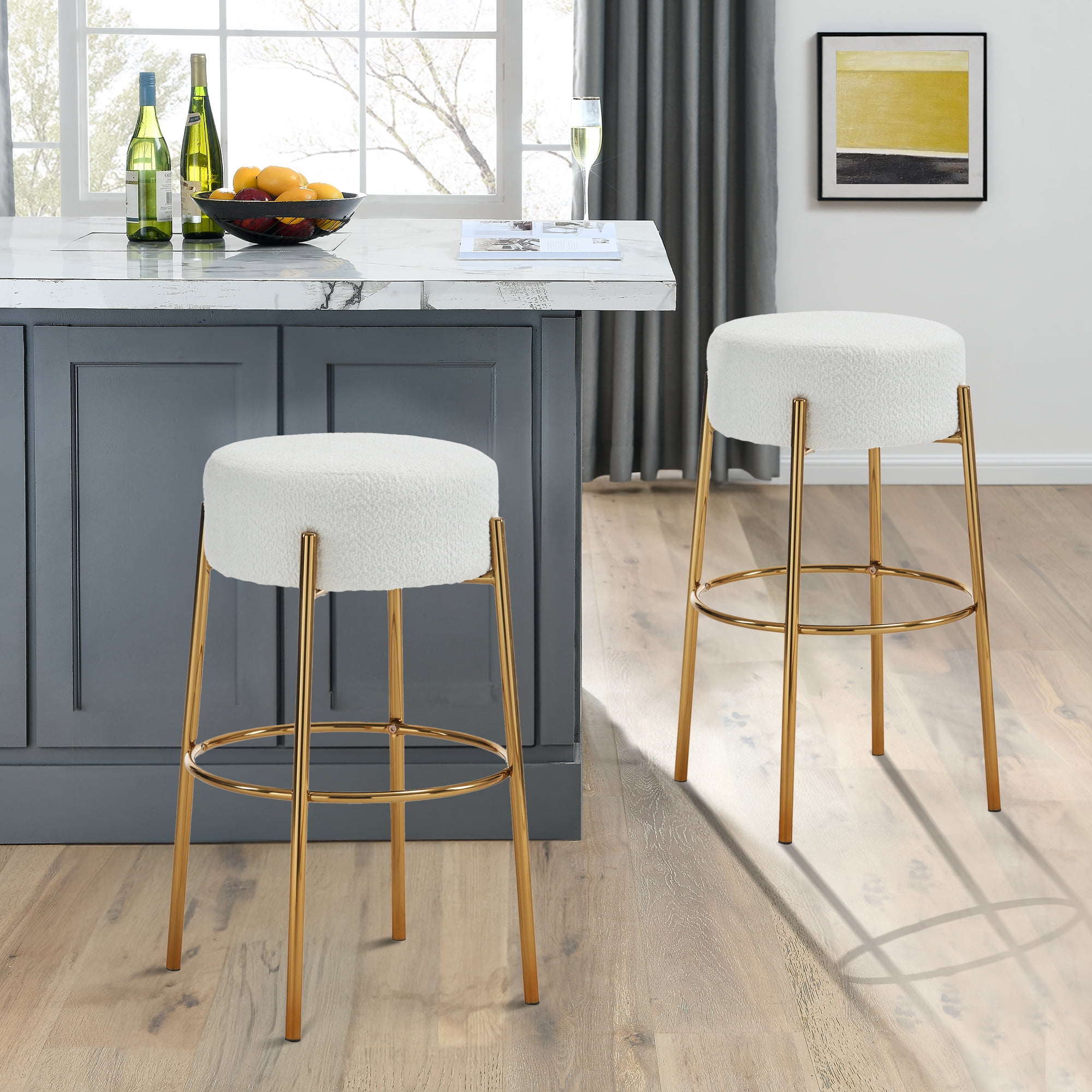 Miniyam Bar Height Bar Stools Set of 2,Boucle Kitchen Stools Upholstered Dining Chair Stools 30 Inch Height,White+Gold