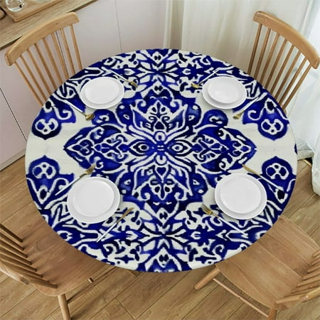 

Xllo0ord Tablecloth -Fitted with Elastic Indigo Floral Geometric for Dining Tables Buffet Parties and Camping Fits up Tables 38-42
