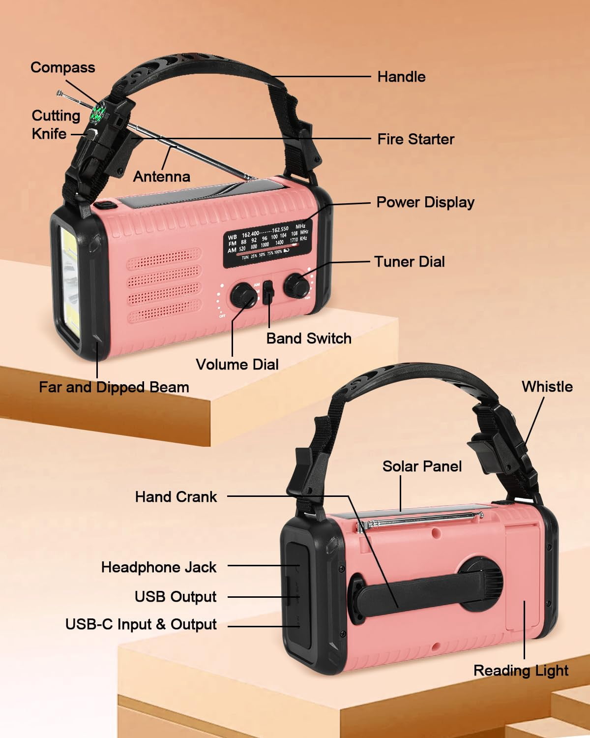 Emergency Crank Radio  20000mah / 74000mwh Solar Hand Weather With Noaa/am/fm Cell Phone Reading Lamp Flashlight & Sos For Emergencies/home (pink)