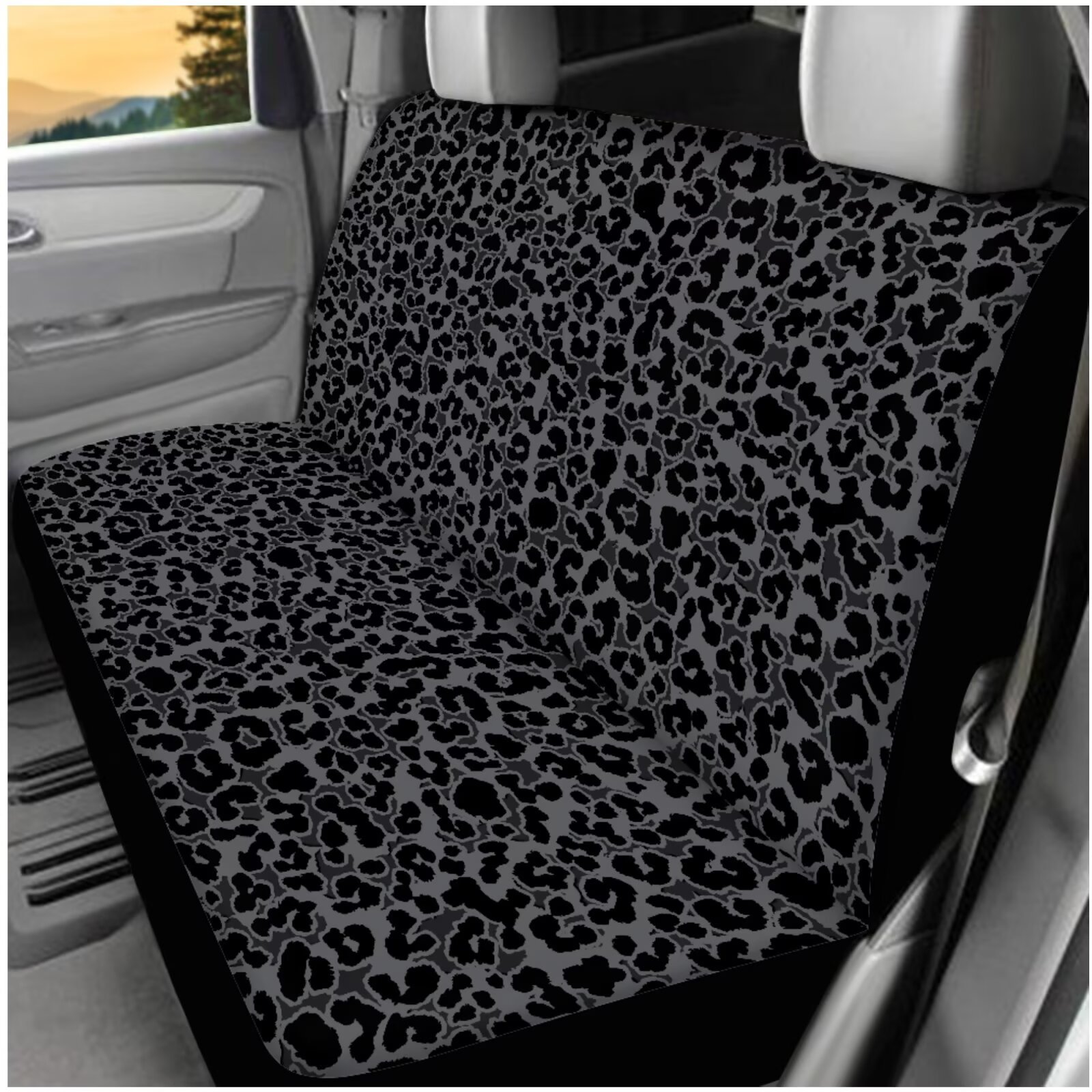 HUIACONG Leopard Print Car Seat Cover Full Set for Women Black Cheetah Print Car Accessories with Steering Wheel Cover Armrest Cover Seat Belt Pads Headrest Cover Coasters Keychain 14 Pcs