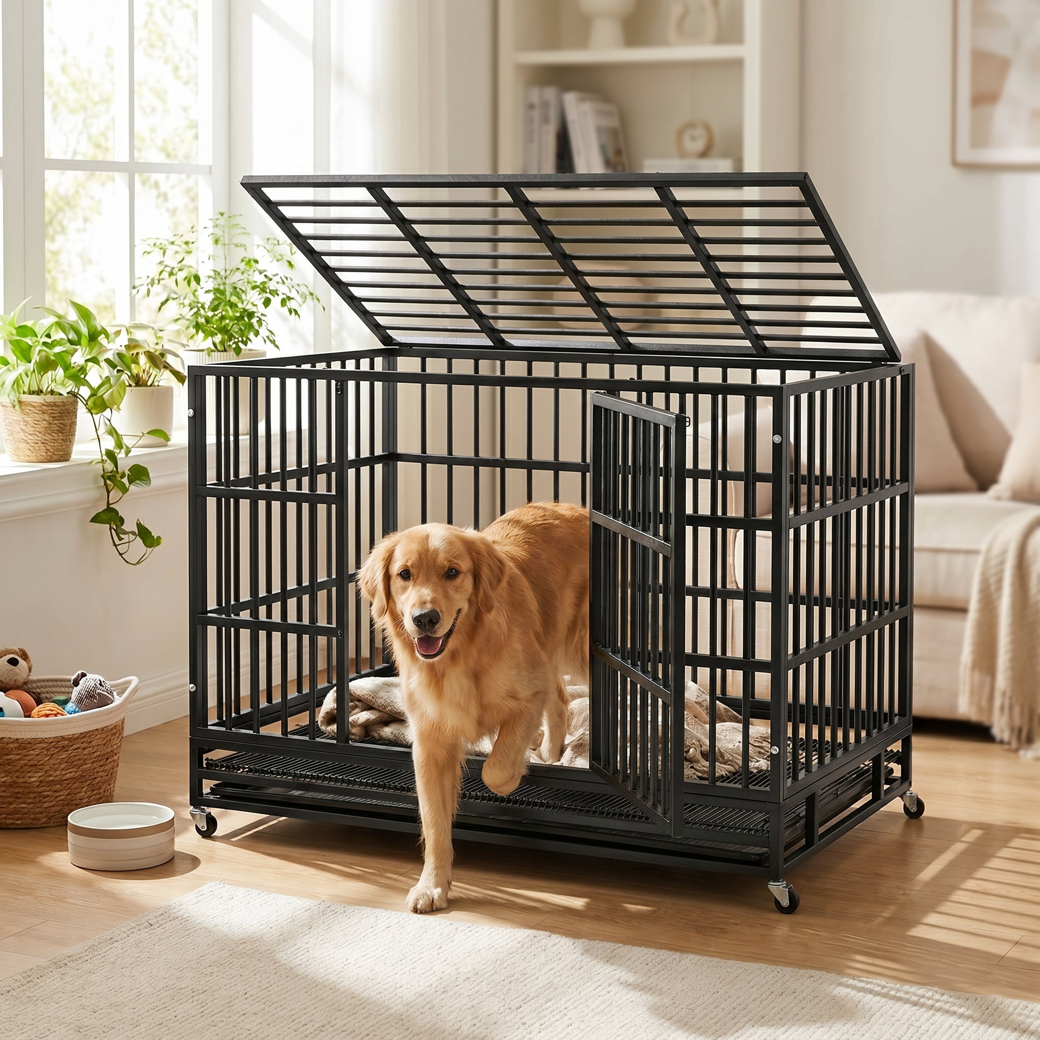 Waleaf 48 Inch Heavy Duty Dog Crate Cage with Wheels for Indoor, Large Dog Kennel with Removable Tray