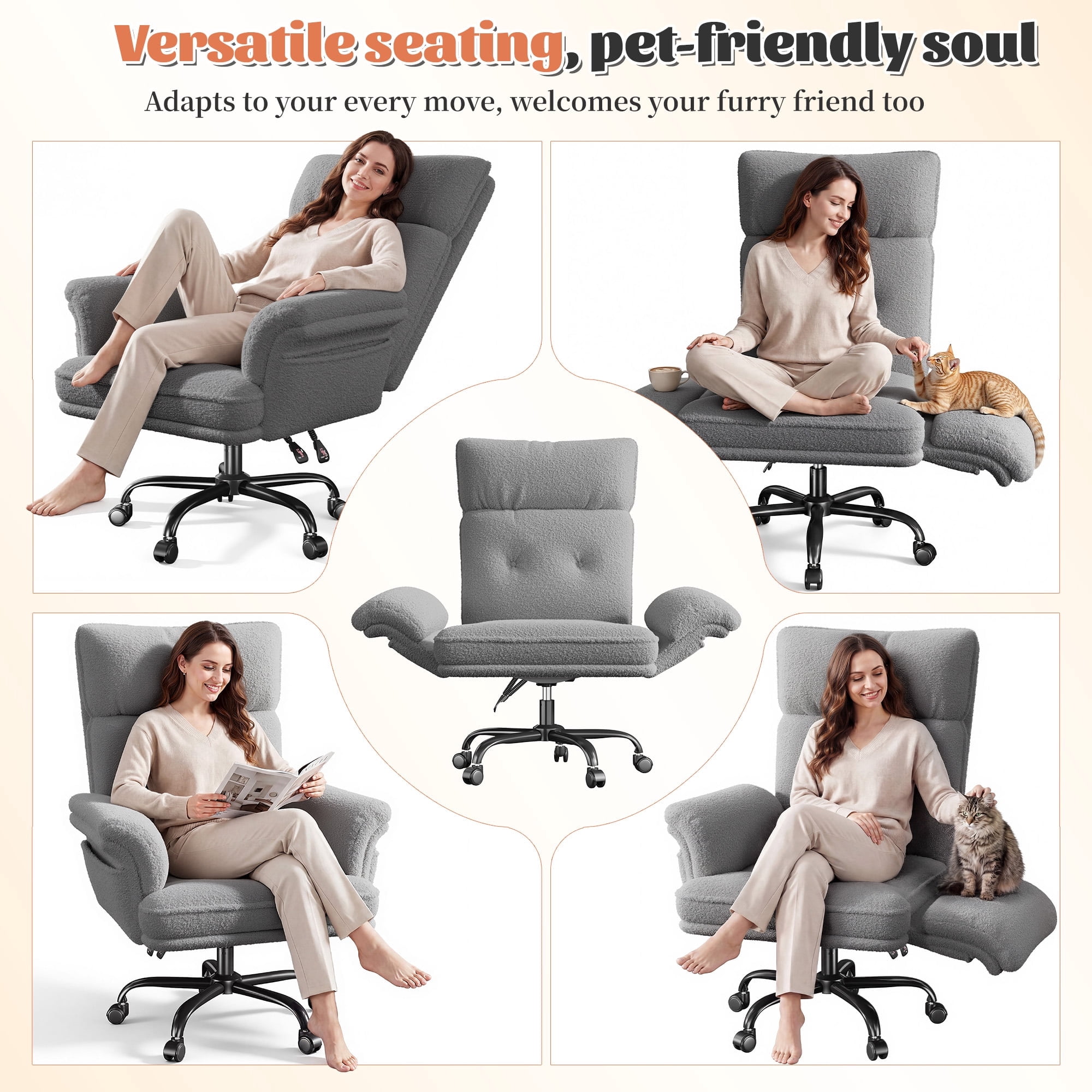 Romorgniz Criss Cross Chair with Armrests & Wheels Ergonomic Computer Gaming Chair with Two Side Pockets Teddy Plush Wide Seat Reclining Desk Chair for Home Office, Gray