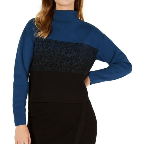 Anne Klein Womens Colorblock Jacquard Pullover Sweater, Blue, Small