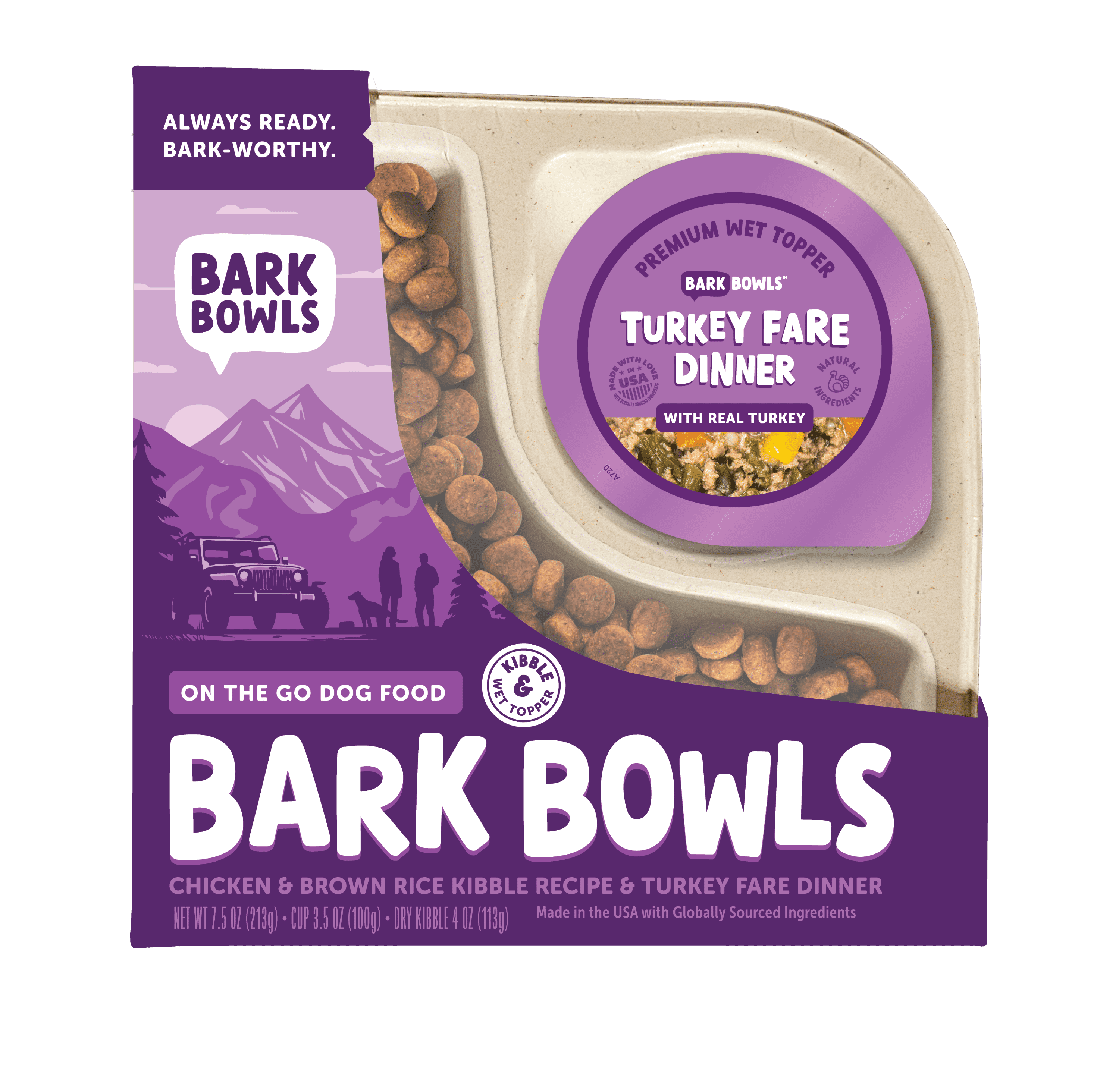 Bark Bowls On The Go Dog Food, Chicken Pot Pie Dinner, Turkey Fare Dinner & Homestyle Beef Dinner Variety Pack - 7.5 oz Tray (6 Count), Made in The USA