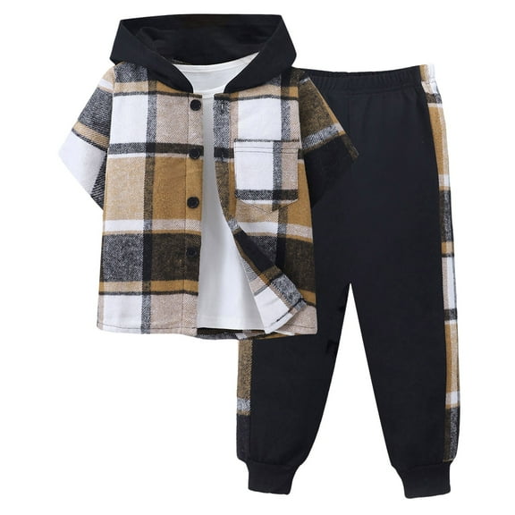 Caqnni Toddler Little Boy Spring Summer Clothes Plaid Hoodie Sweatshirt Top and Pants 2PCS Plaid Hoodie Outfits Plaid Hoodie Set 2-9 Years (A01-Khaki,3-4 Years)