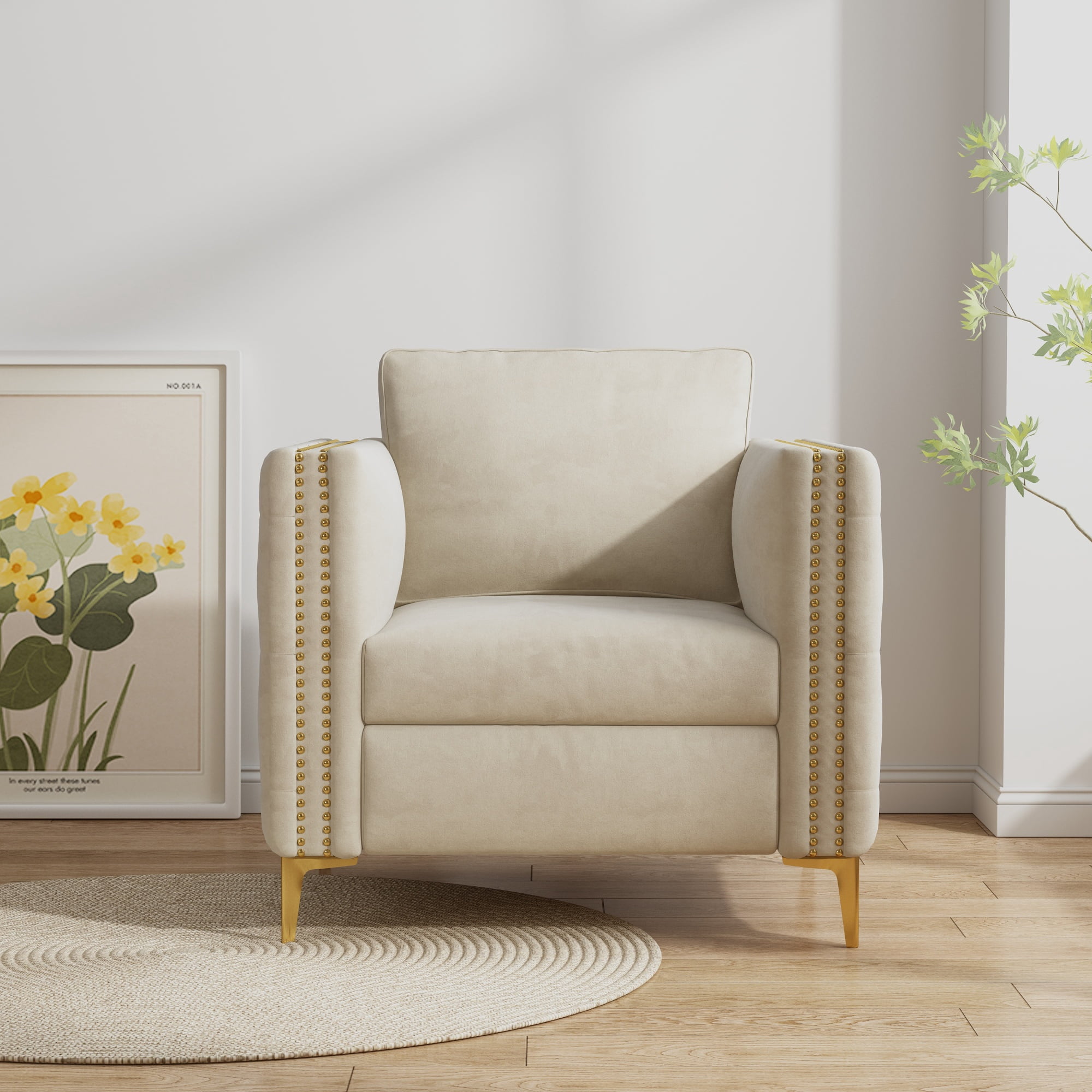 Modern Upholstered Accent Chair,Velvet Armchair with Rivet Design and Metal Leg,Single Sofa Chair for Living Room Bedroom Playroom,Beige