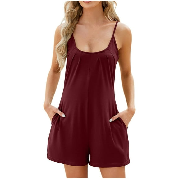 Jgppe Womens Casual Sleeveless Romper Spaghetti Strap Loose Stretchy Summer Short Jumpsuit with Pockets