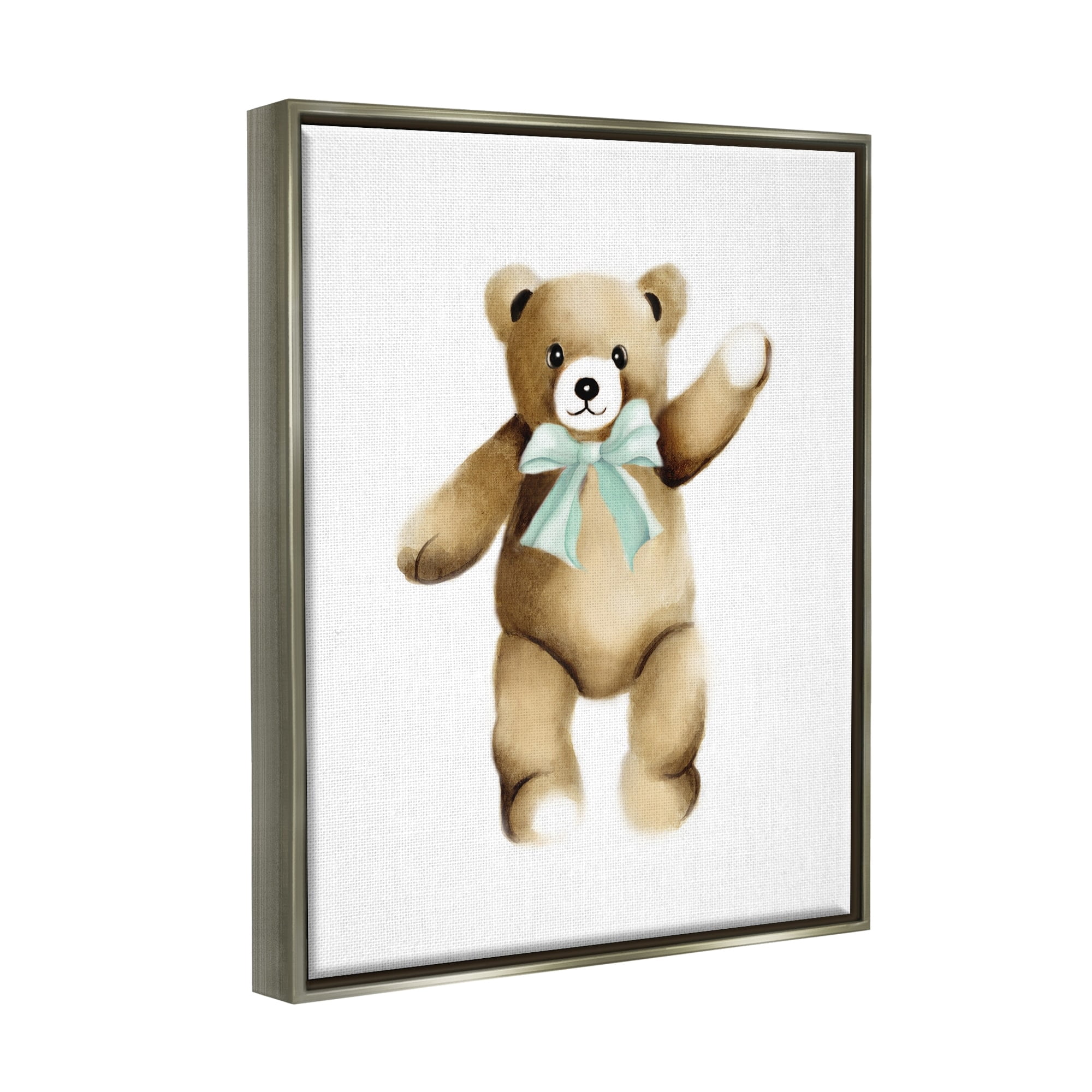 Stupell Industries Adorable Teddy Bear Nursery Animal Green Ribbon Graphic Art Luster Gray Floating Framed Canvas Print Wall Art, Design by Studio Q