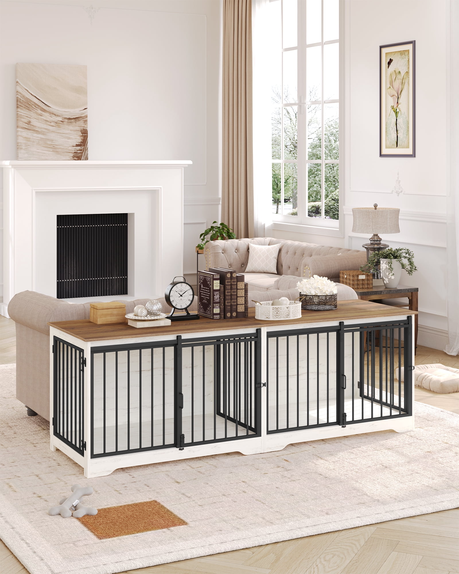 78" Dog Crate Furniture with Divider, Dog Crate Barn Door, Dog Kennel Indoor, Wood Dog Crate