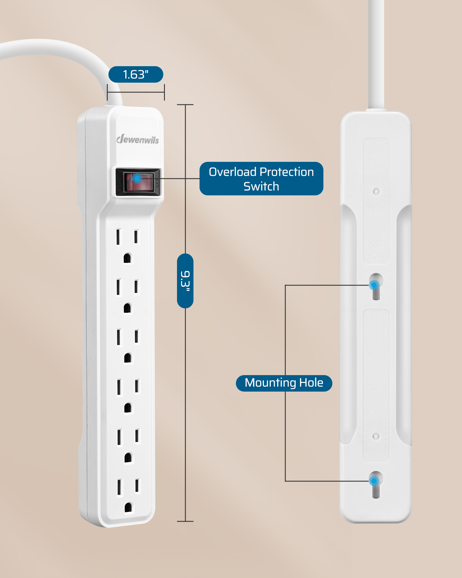 DEWENWILS 6-Outlet Surge Protector, 15 ft, White photo 2