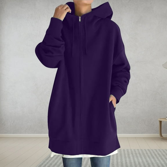 EQWLJWE Women's Solid Color Hoodie Zipper Long Sleeve Sweatshirts Long Coat Tops With Pockets
